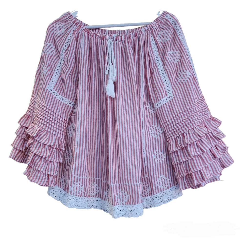 Monoreno Womens Pink Striped Ruffled Sleeve Top Size Small